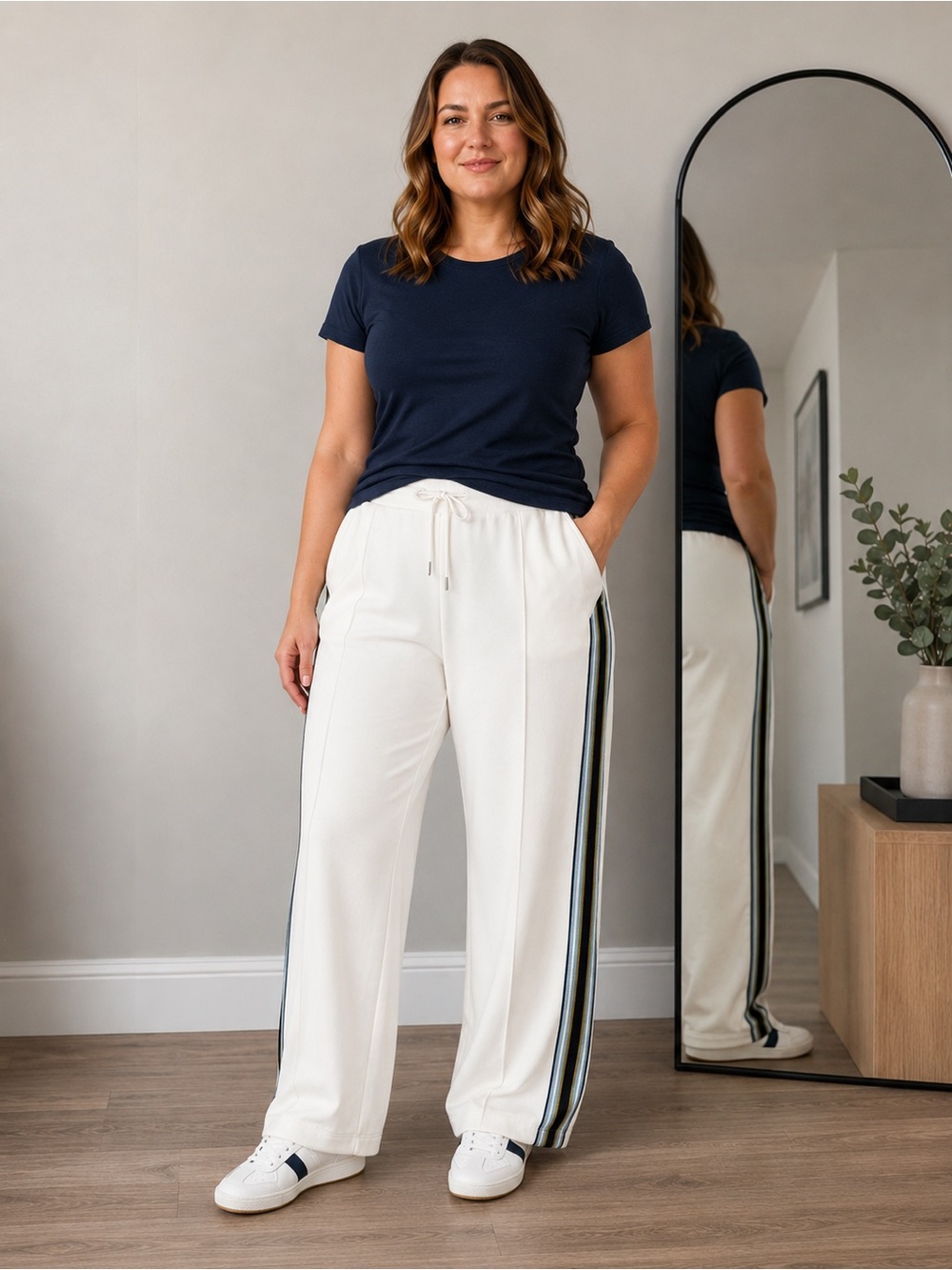 Calia Cream Wide-Leg Track Pants with Navy & Green Side Stripes